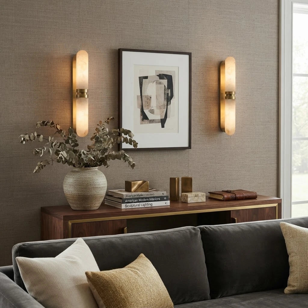 Modern Brass Alabaster Wall Sconce in Contemporary Living Room