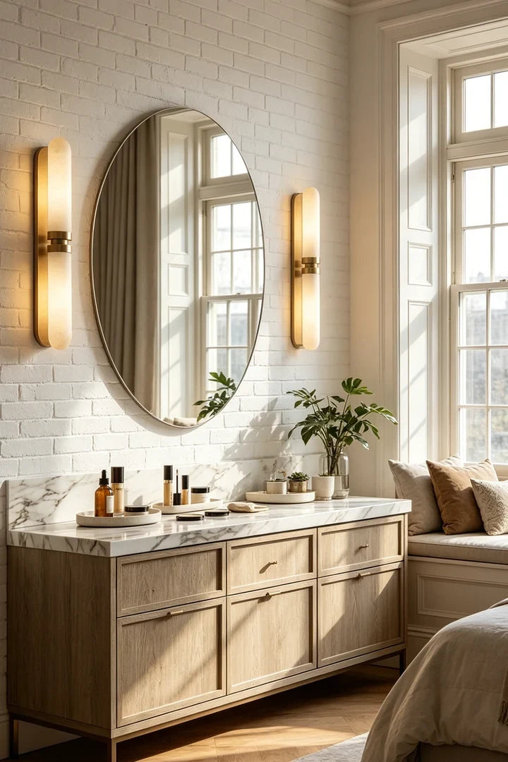 Modern Alabaster Wall Sconce in Bright Bathroom Interior