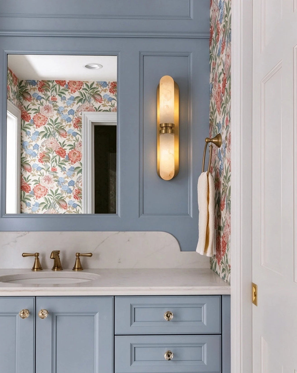 Modern Brass Alabaster Wall Sconce in Luxury Bathroom Vanity Area