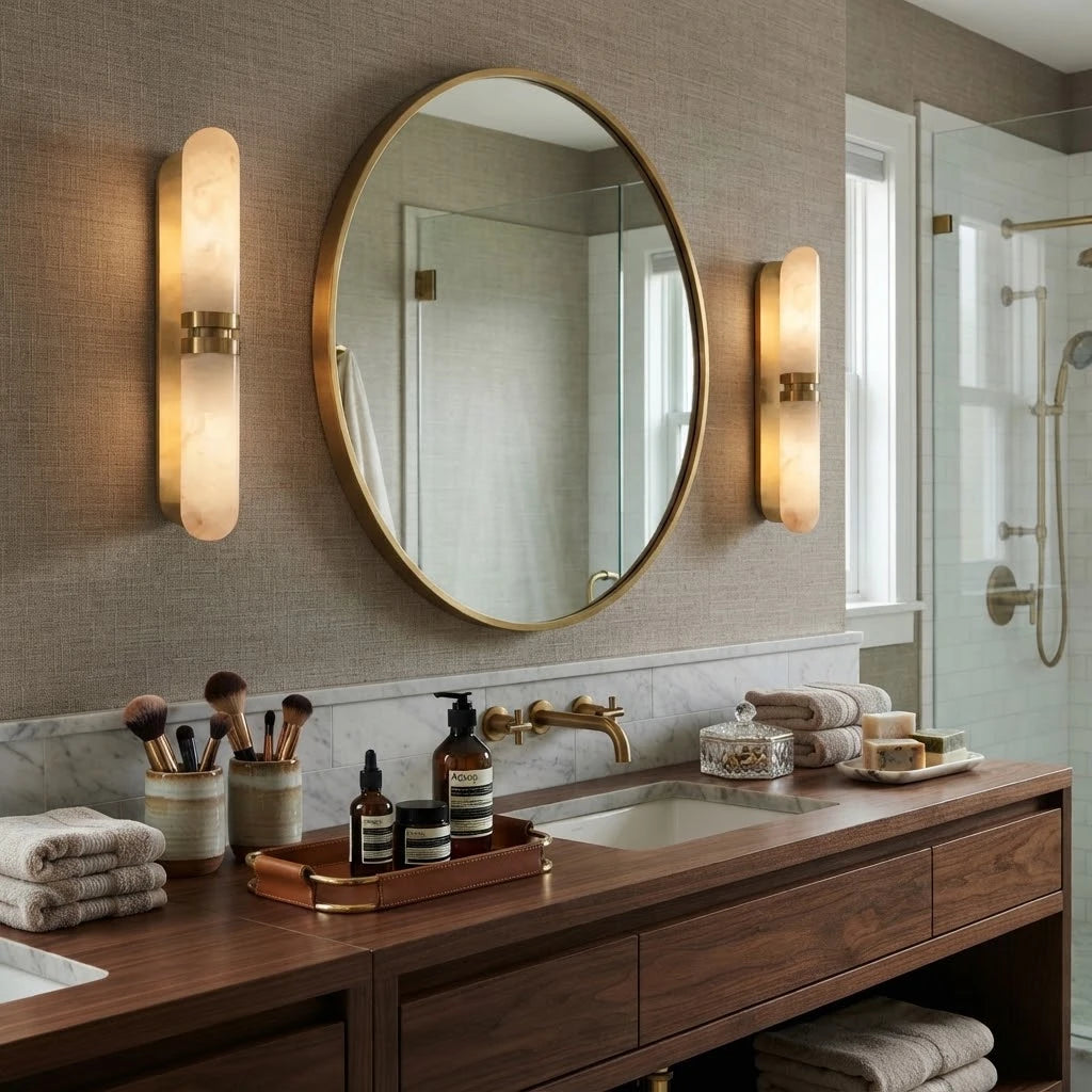 Modern Alabaster Wall Sconce in Contemporary Master Bathroom