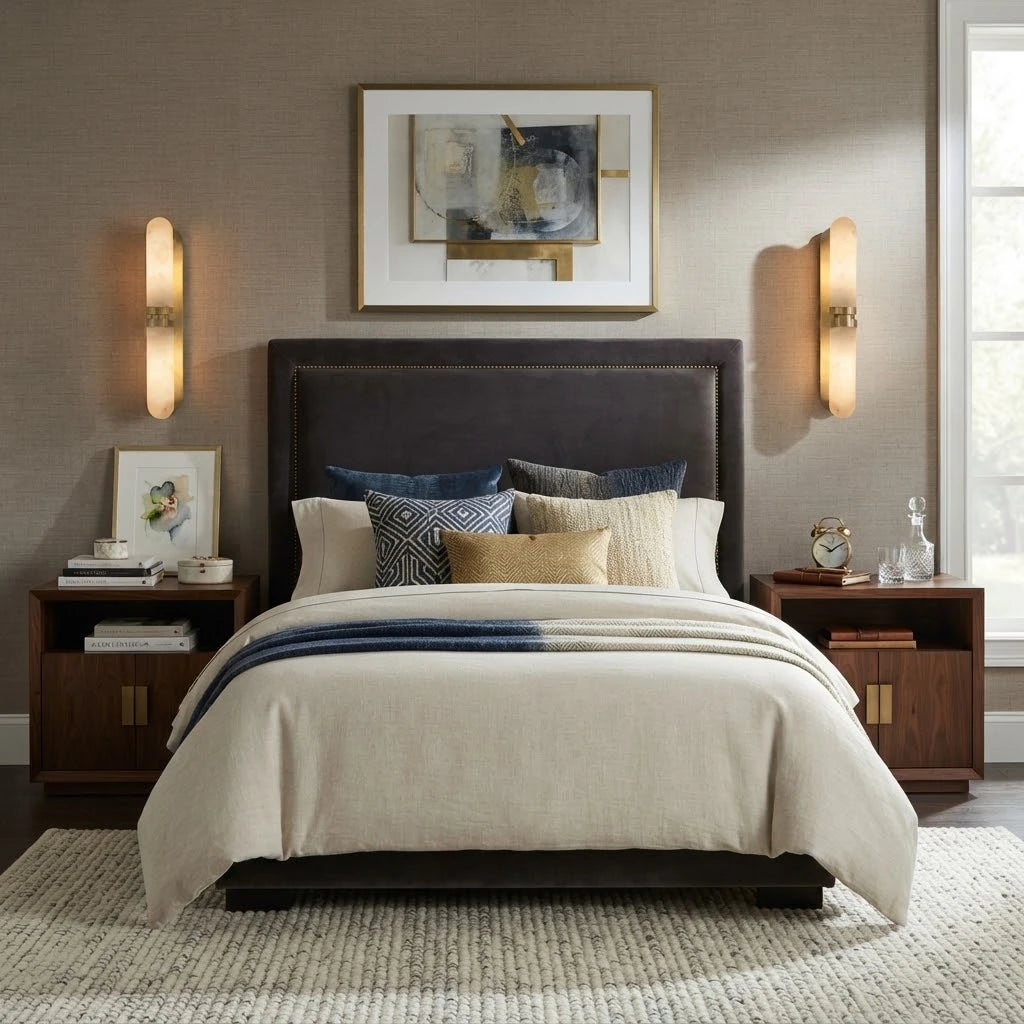 Modern Brass Alabaster Wall Sconce in Cozy Master Bedroom Suite
