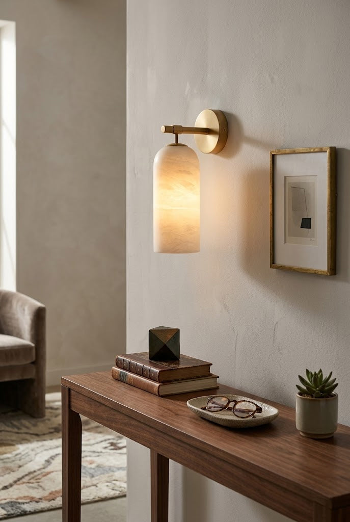 Glowing alabaster cylinder wall sconce above wooden entry table textured light interior wall