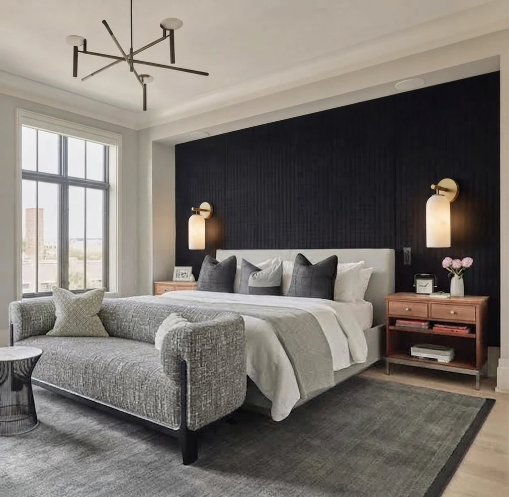Modern Brass Wall Sconces in Luxury Bedroom Interior
