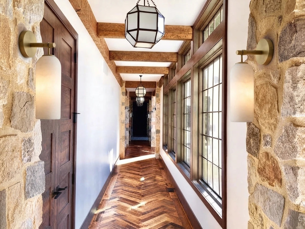 Traditional Brass Wall Sconces in Rustic Hallway Corridor