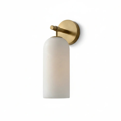 Modern Cylindrical Frosted Glass Wall Sconce with Brass Hardware on Pure White Background