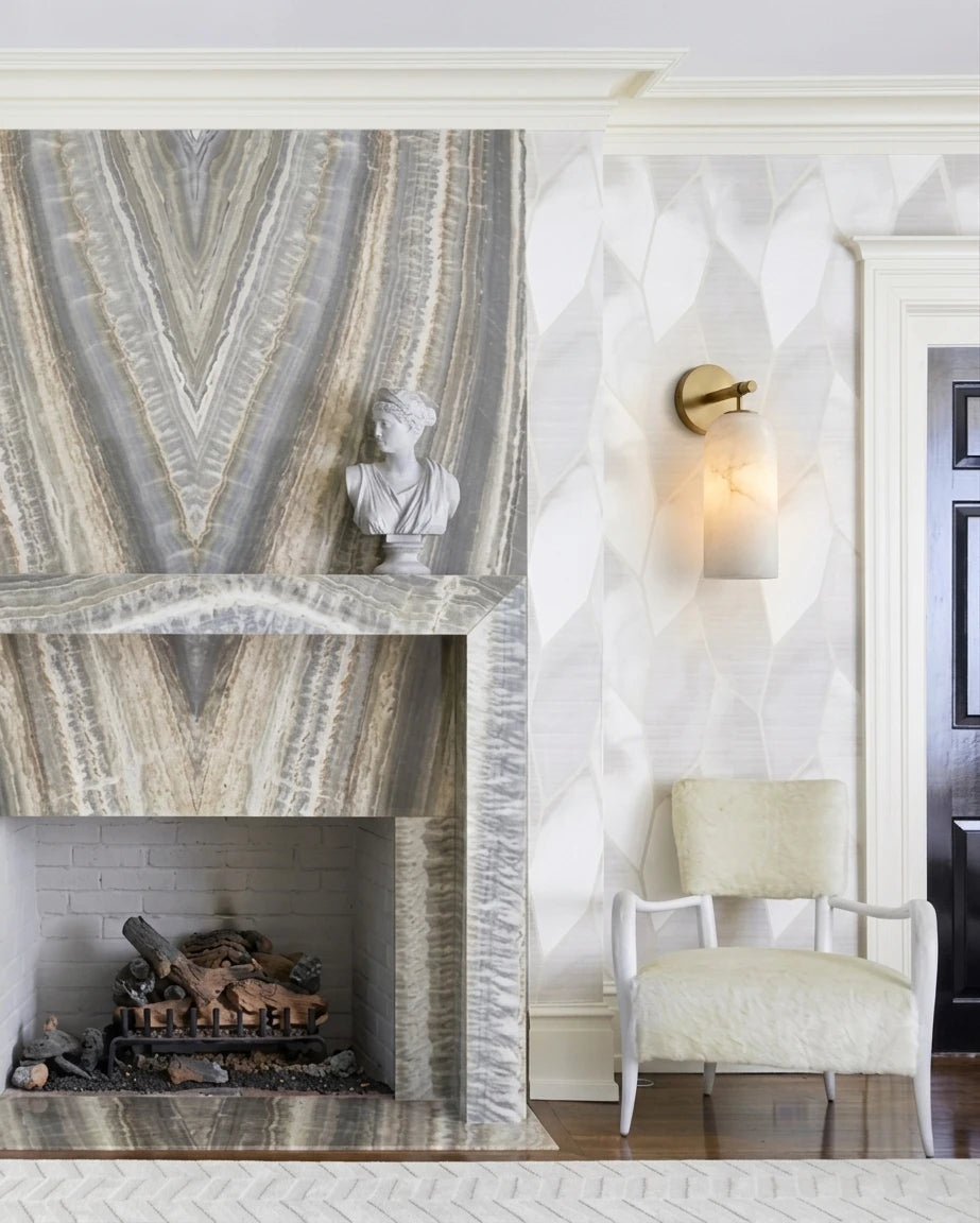 Modern Brass Wall Sconce in Living Room Fireplace Setting