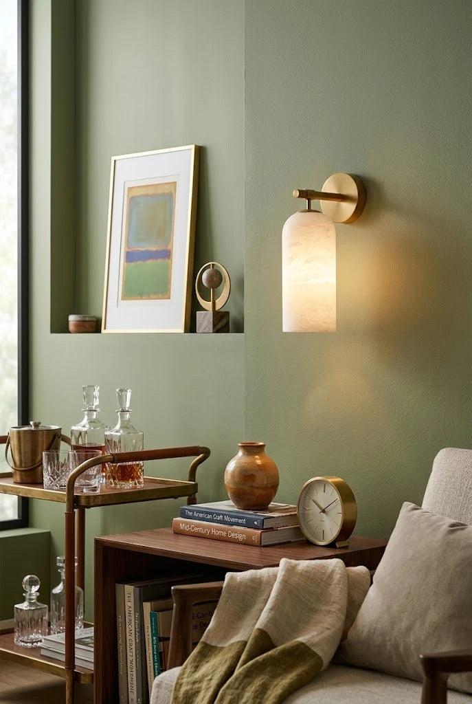 Modern Cylindrical Wall Sconce in Cozy Green Living Area