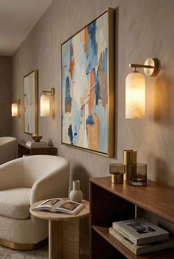 Modern Frosted Glass Wall Sconce Over Credenza and Art