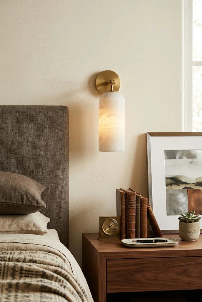 Modern Brass Wall Sconce in Master Bedroom Setting