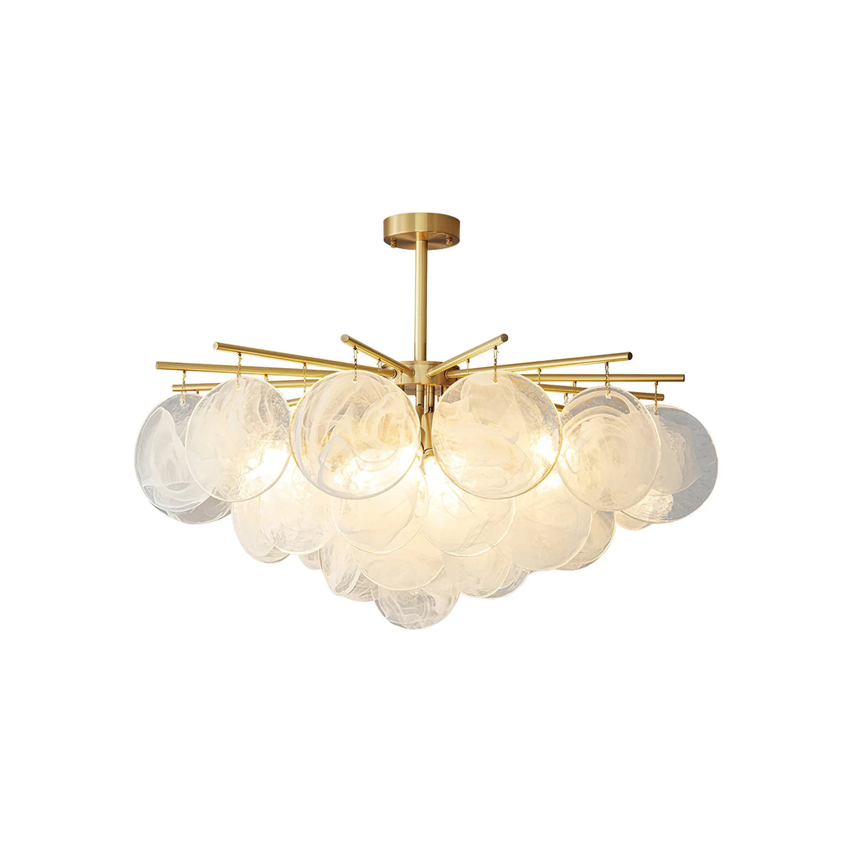 Modern Brass Large Globe Textured Art Glass Chandelier with Brass Canopy on Pure White Background