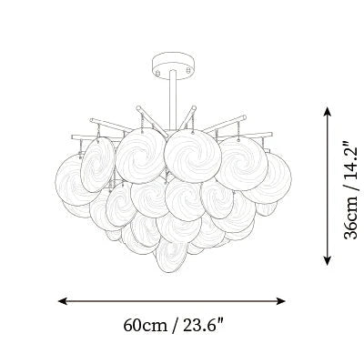 Modern Medium Brass Globe Art Glass Chandelier Line Art Dimension Diagram