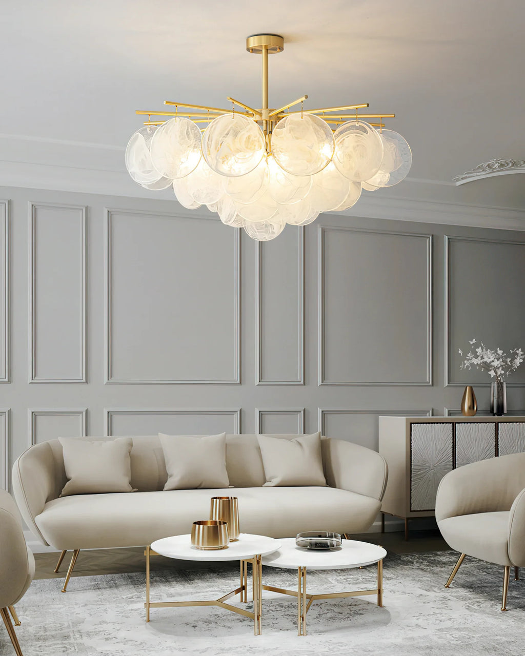 Modern Brass Globe Textured Chandelier in Cozy Living Space