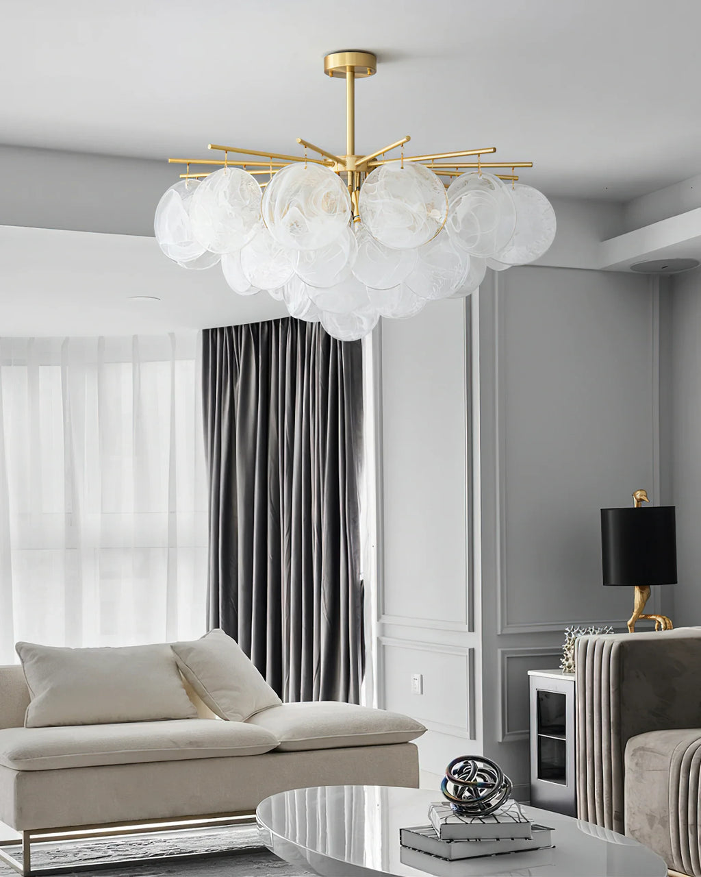 Modern Brass Globe Art Glass Chandelier in Contemporary Sitting Room