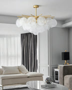 Modern Brass Globe Art Glass Chandelier in Contemporary Sitting Room