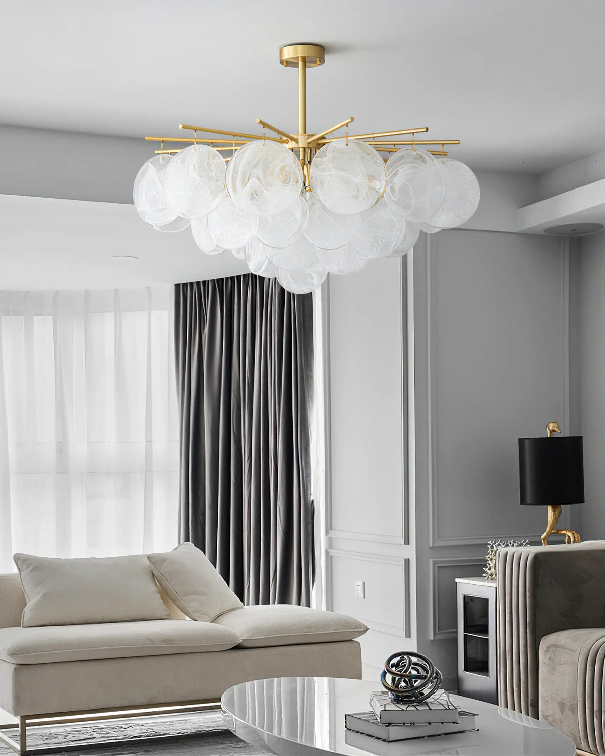 Modern Brass Globe Art Glass Chandelier in Contemporary Sitting Room