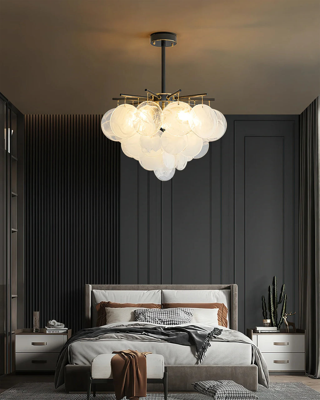 Modern Brass Globe Textured Chandelier in Luxury Master Bedroom