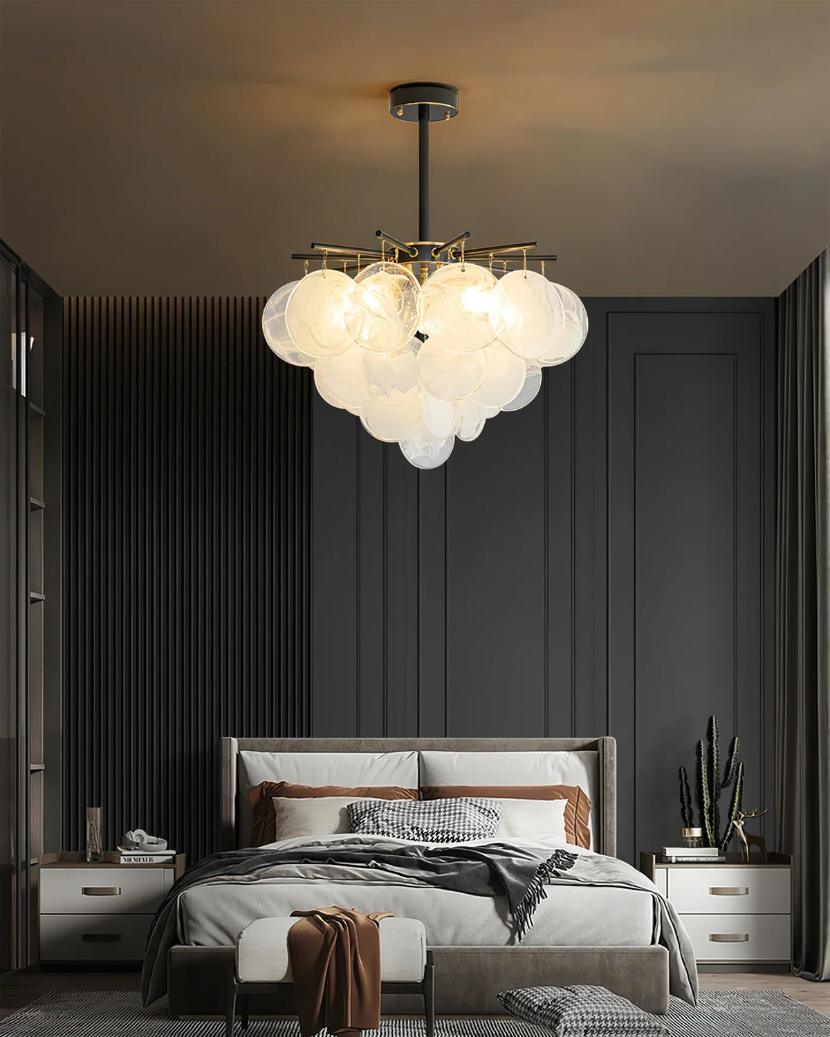 Modern Brass Globe Textured Chandelier in Luxury Master Bedroom