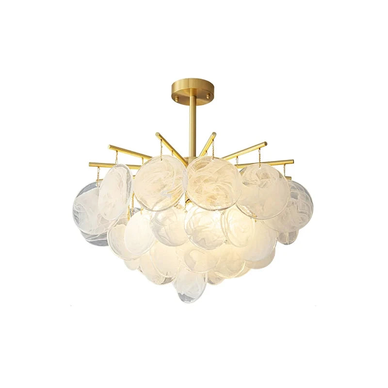 Illuminated Modern Small Brass Globe Art Glass Chandelier Studio Shot