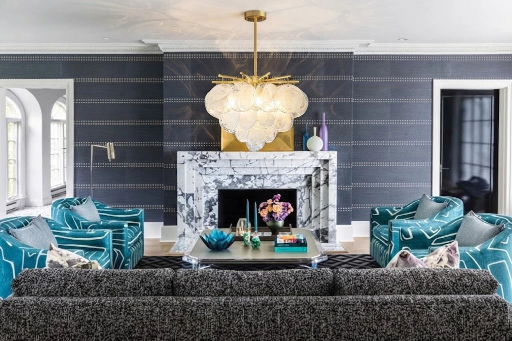 Modern Brass Globe Art Glass Chandelier in Luxury Living Room