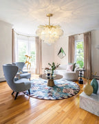 Modern Brass Globe Art Glass Chandelier in Bright Dining Space