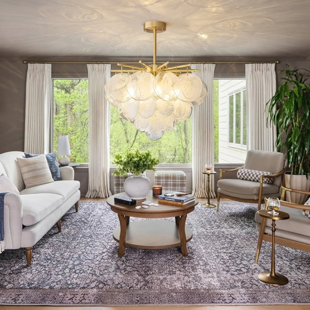 Modern Brass Globe Textured Art Glass Chandelier in Bright Living Room