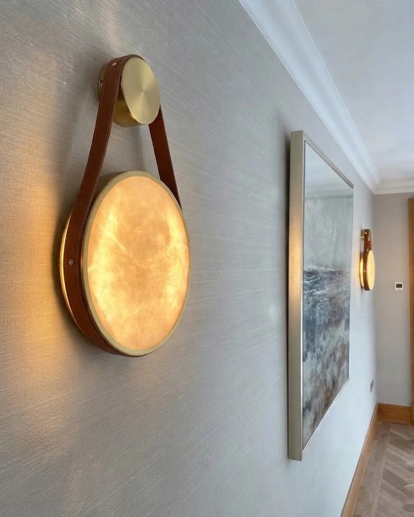 Modern Brass Alabaster Wall Sconce in Designer Hallway Setting