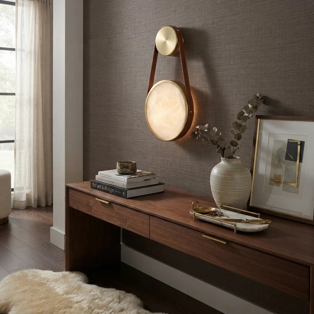 Modern Leather Strap Wall Sconce in Sophisticated Entryway Foyer