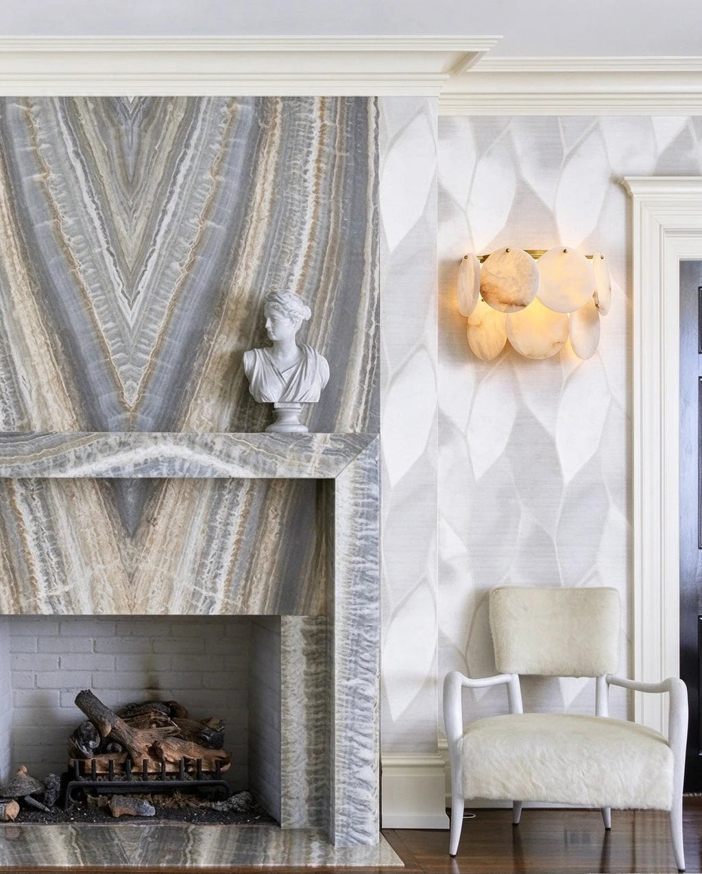 Modern Alabaster Disc Wall Sconce in Sophisticated Living Room