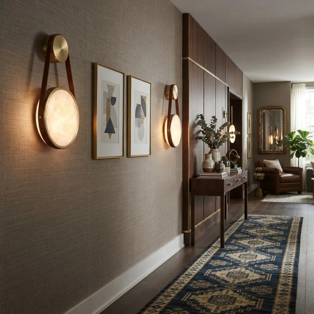 Modern Alabaster Disc Wall Sconce in Grand Foyer Corridor