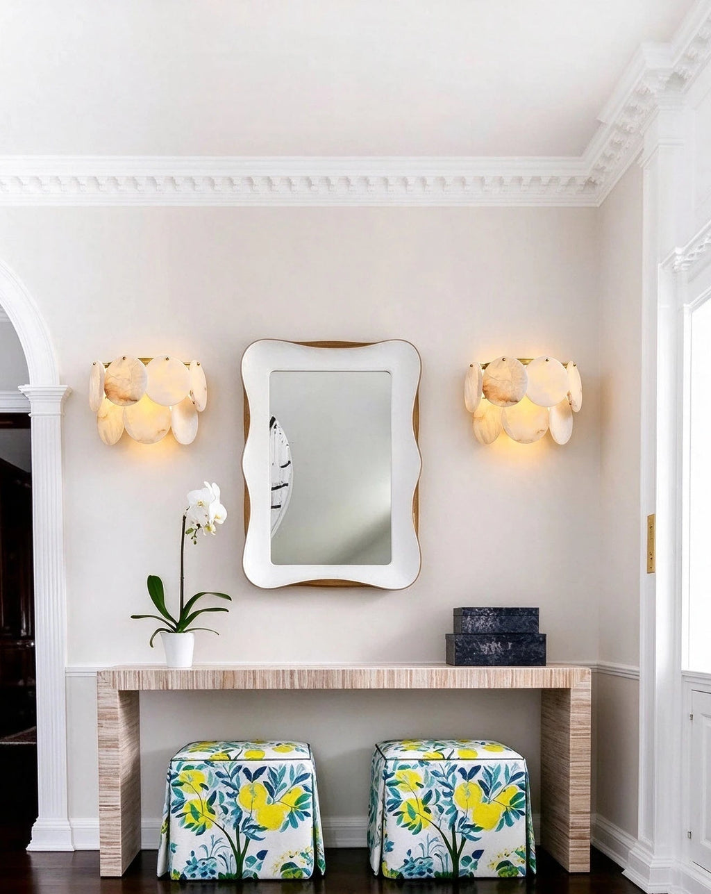 Modern Alabaster Disc Wall Sconce in Luxury Entryway Foyer