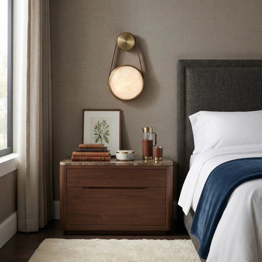 Modern Brass Alabaster Wall Sconce in Master Bedroom Interior