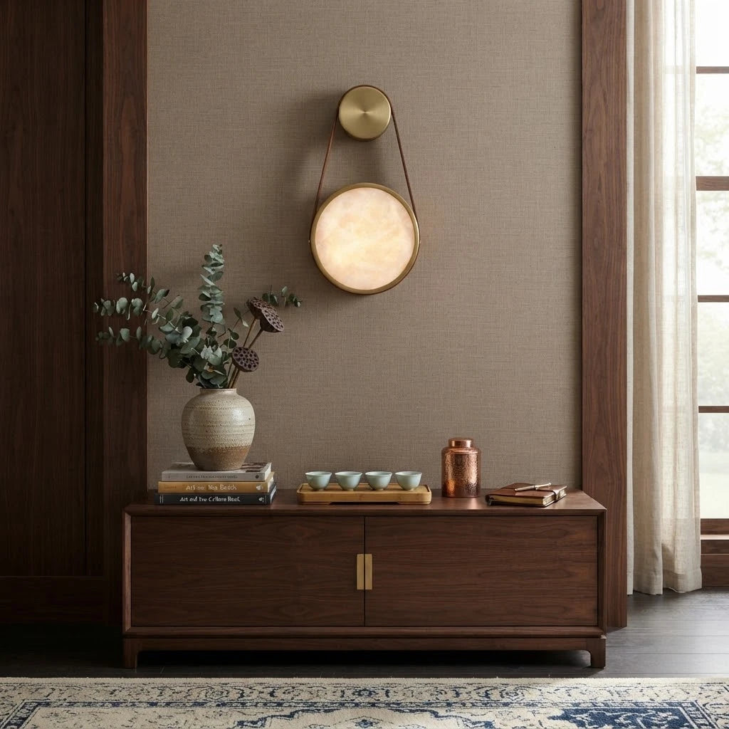 Modern Alabaster Disc Wall Sconce in Contemporary Living Room