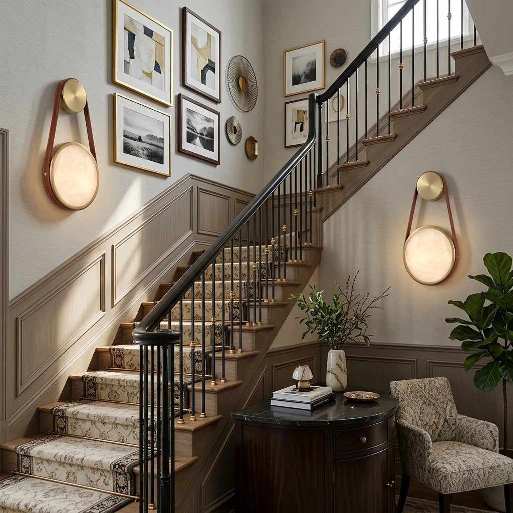 Modern Alabaster Disc Wall Sconce in Grand Staircase Foyer Setting   