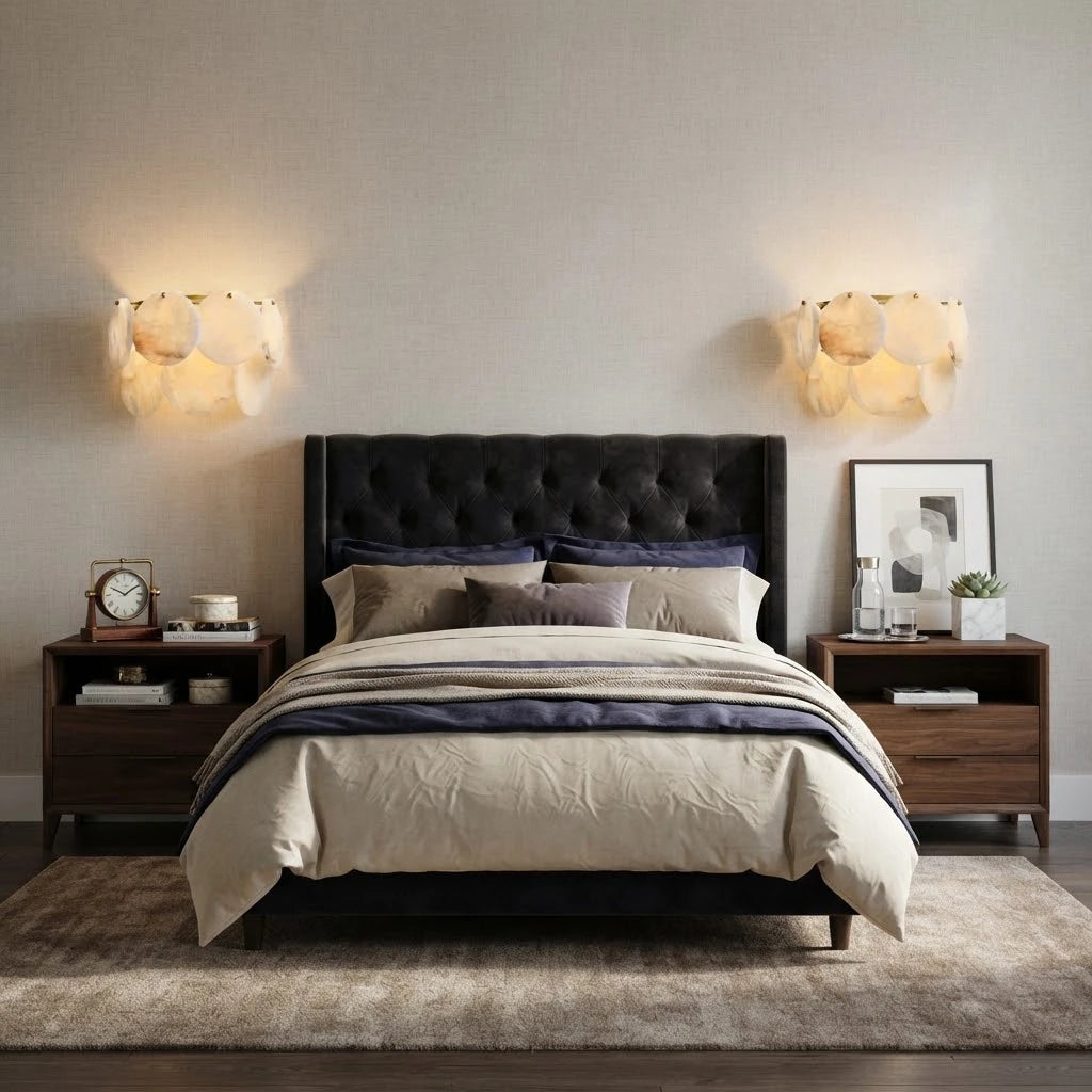 Modern Alabaster Disc Wall Sconce in Elegant Master Bedroom