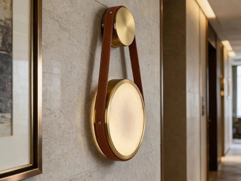 Modern Leather Strap Wall Sconce in Sophisticated Hallway Corridor