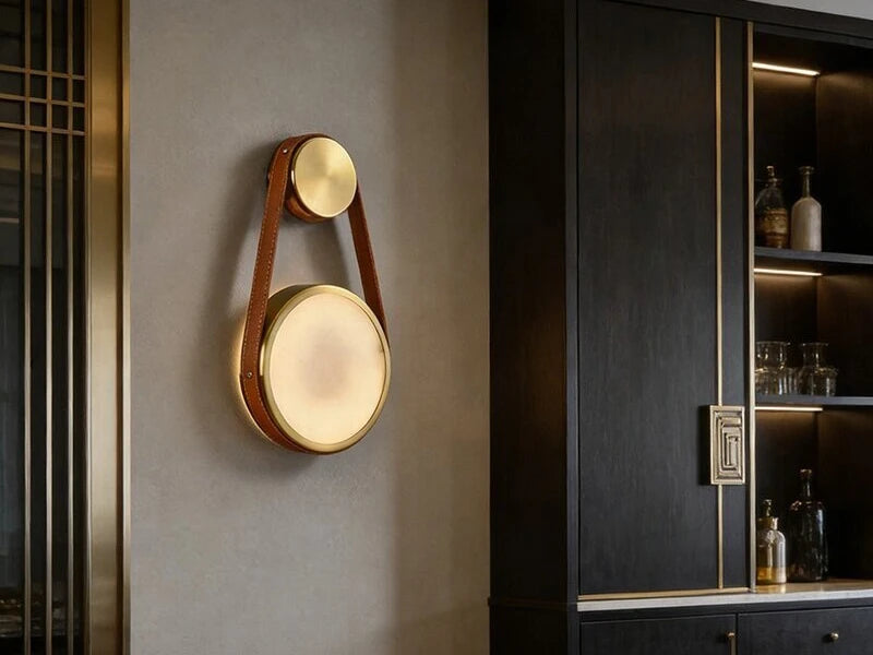 Modern Brass Alabaster Wall Sconce in Contemporary Living Space