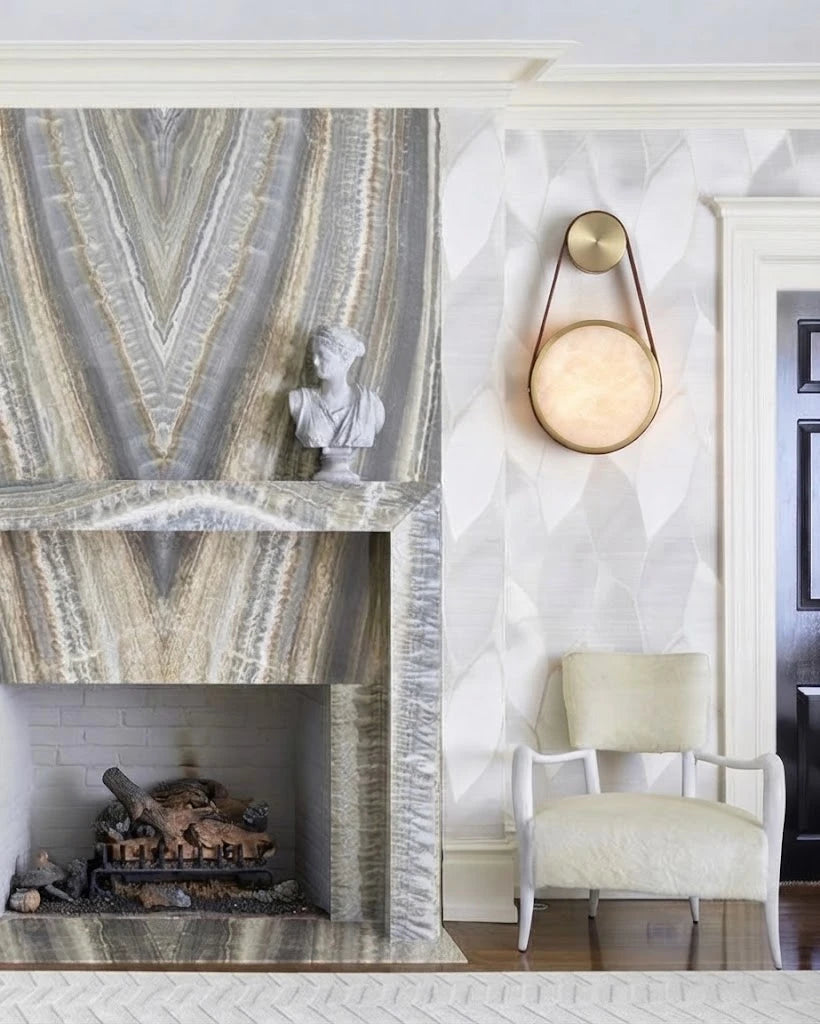 Modern Alabaster Disc Wall Sconce in Elegant Living Room Interior