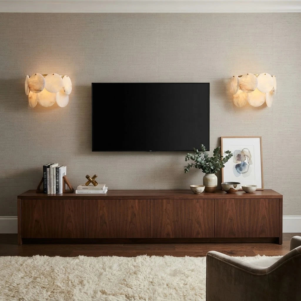 Modern Alabaster Disc Wall Sconce in Designer Living Room Setting