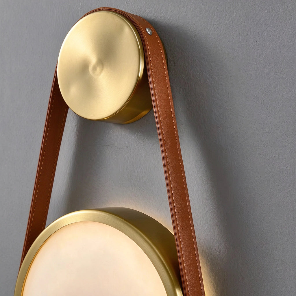 Close Up View of Leather Suspension Strap and Circular Alabaster Disc Light Details