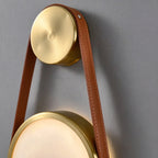Close Up View of Leather Suspension Strap and Circular Alabaster Disc Light Details