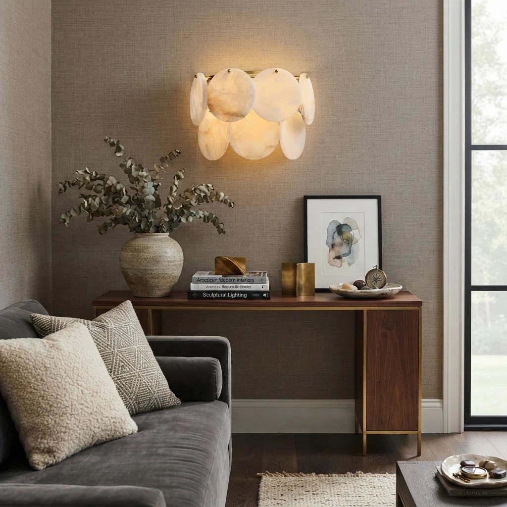 Modern Alabaster Disc Wall Sconce in Cozy Living Area