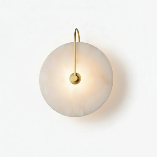 Modern Minimalist Natural Marble Round Disc Art Wall Sconce with Over-the-Top Brass Hook on Pure White Background