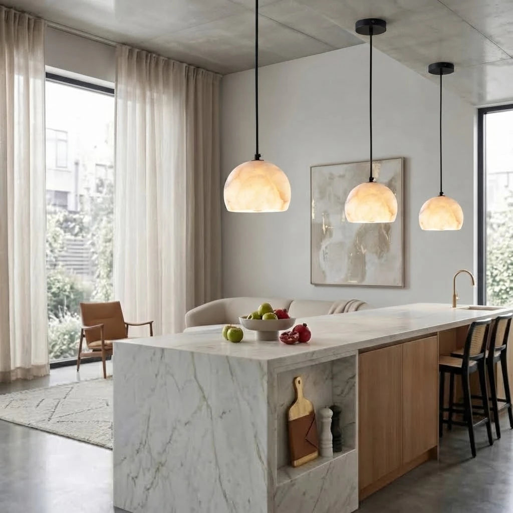 Modern Alabaster Half-Globe Pendant Light Over Kitchen Breakfast Bar