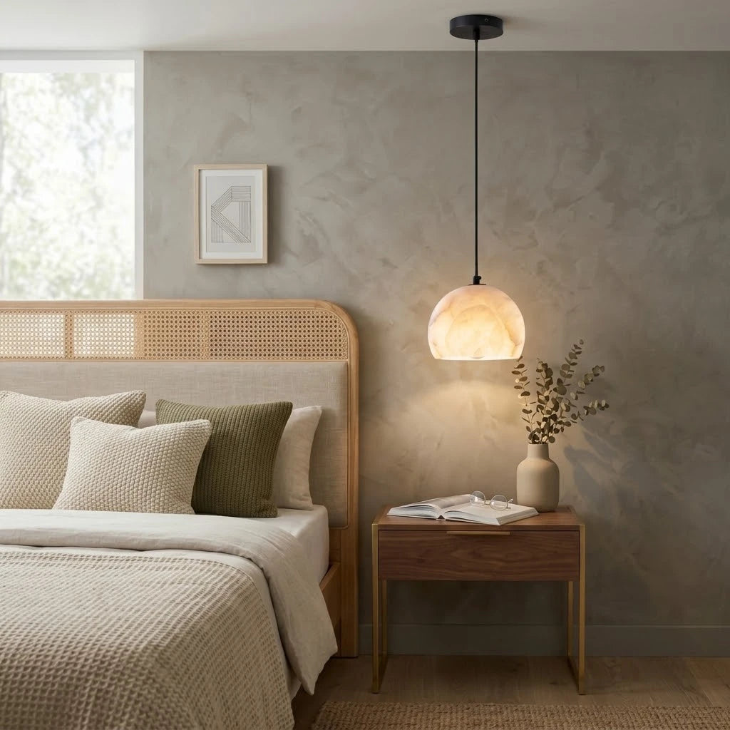 Modern Alabaster Pendant Light in Master Bedroom Setting