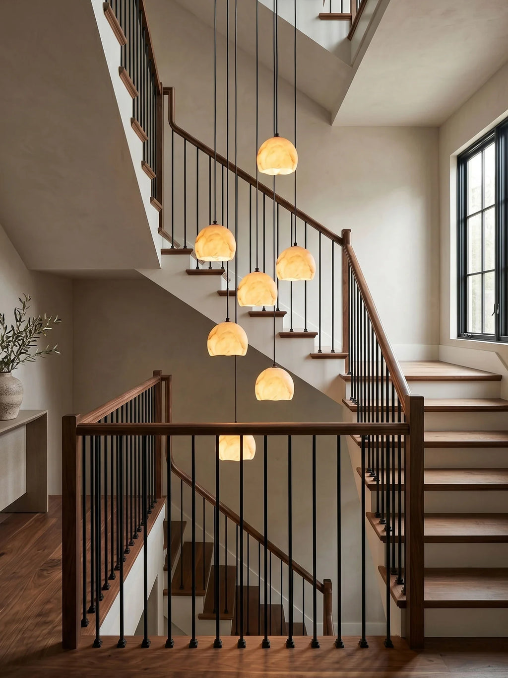 Modern Multi-Light Alabaster Pendant Chandelier Along Staircase Foyer