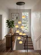 Modern Black Frame Multi-Light Alabaster Chandelier in Stairway Setting