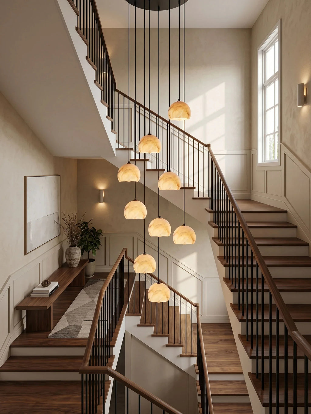 Modern Alabaster Half-Globe Pendant Chandelier in Multi-Story Foyer