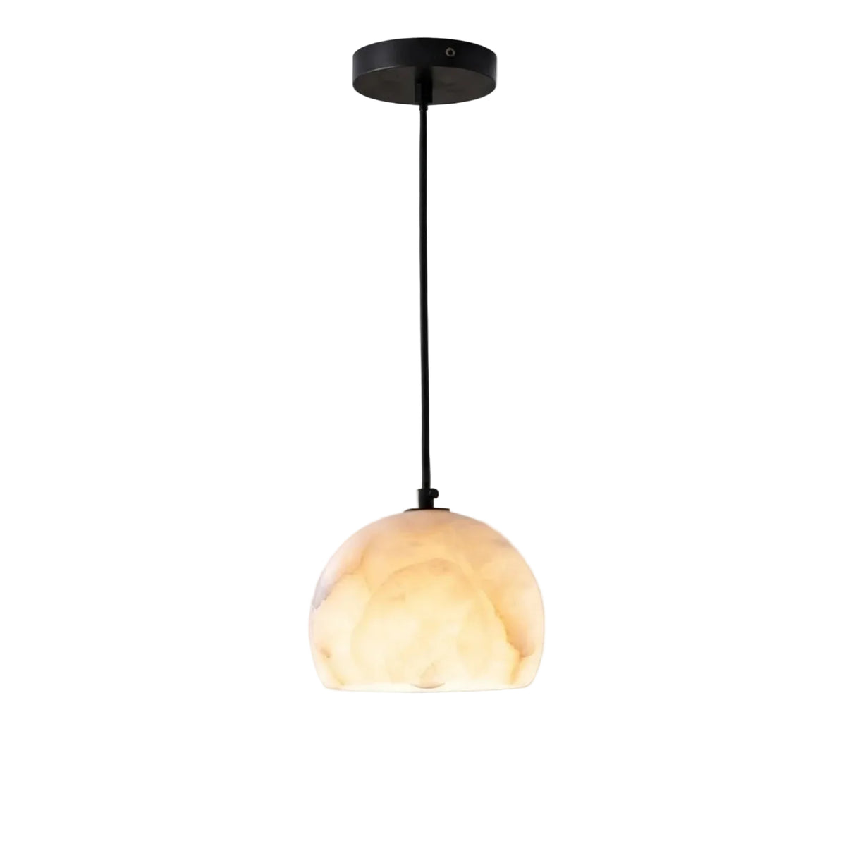 Modern Black Frame Alabaster Half-Globe Pendant Light with Black Canopy on Pure White Background
