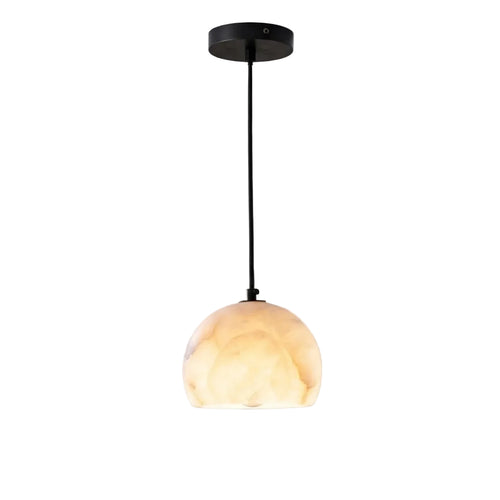 Modern Black Frame Alabaster Half-Globe Pendant Light with Black Canopy on Pure White Background