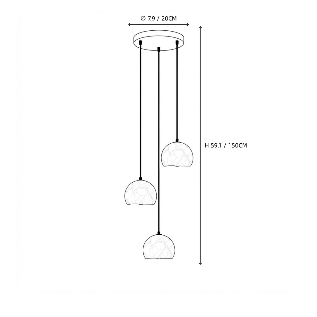 Modern 3-Light Alabaster Half-Globe Staircase Chandelier Line Art Dimension Diagram